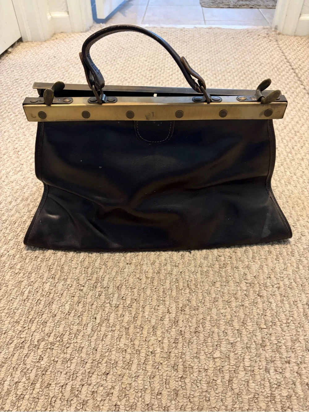Cowhide Frame Top-Handle Bag in Blue and Black - Picture 2 of 5